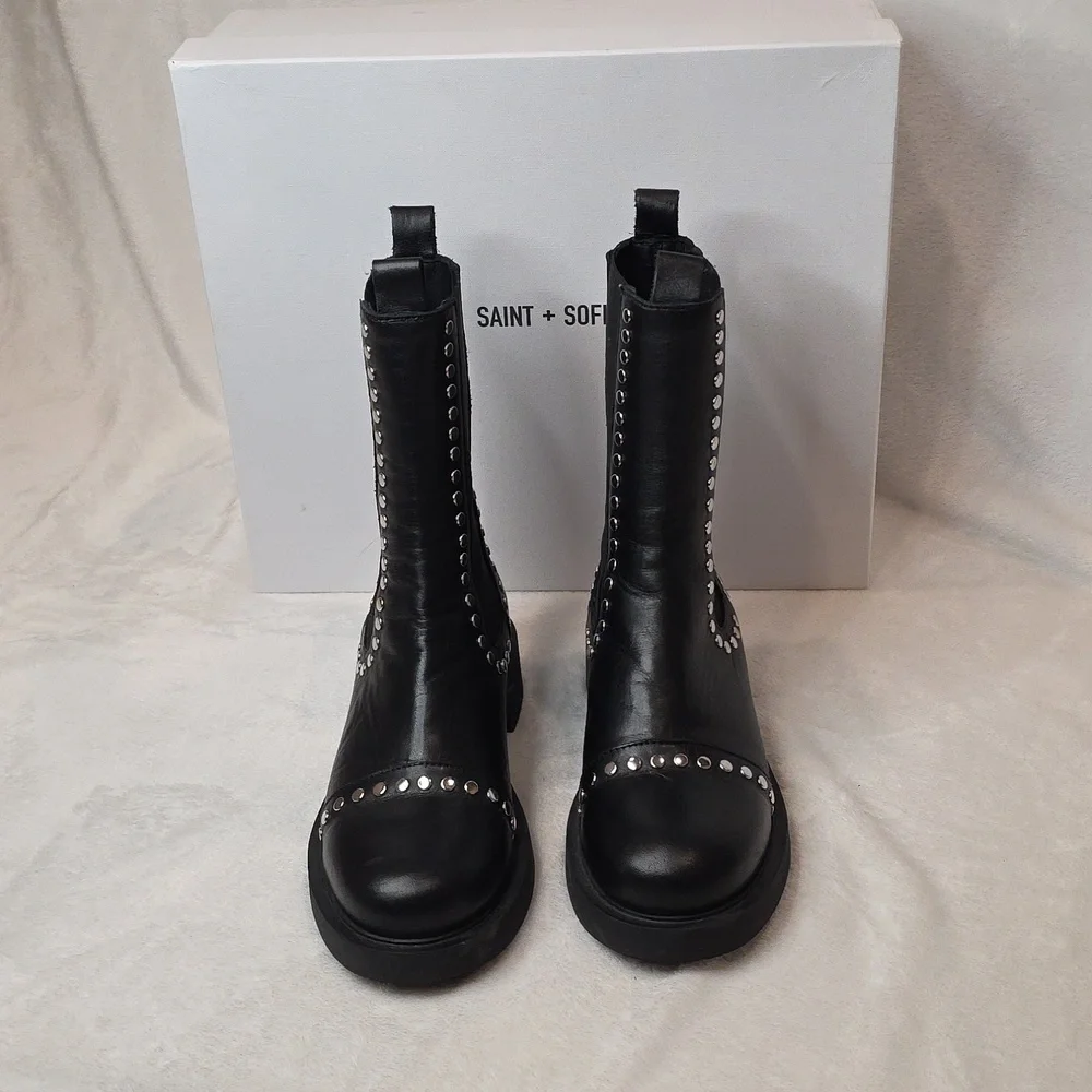SAINT + SOFIA Black Leather Silver Studded Chelsea Boots Size 38 (US 7) LIKE NEW - Picture 3 of 7